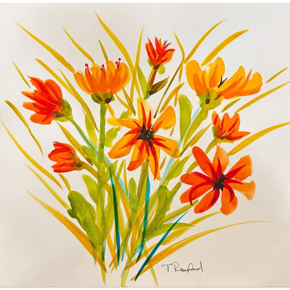 Hand painted watercolor original painting orange and yellow flowers - Picture 1 of 1